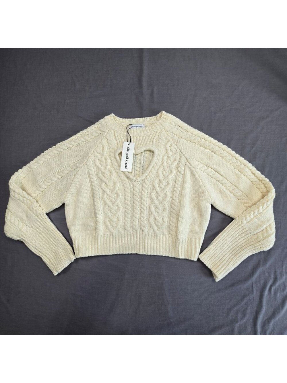 NEW Pretty Garbage Large Sweater Cable Knit Cream Heart Keyhole Cropped